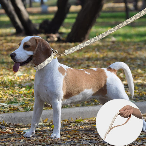 KUDES Dog Leather Collar and 4 ft Leash Set - Adjustable Basic Collar with Bell, Checkered Pattern for Small Medium