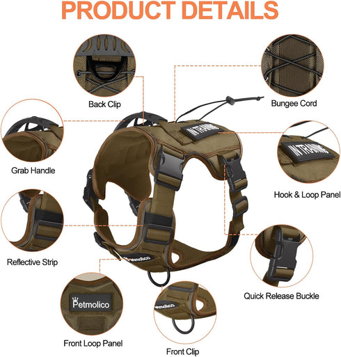 Petmolico Tactical Dog Harness with Leash, No Pull Harness for Medium Dogs, Hiking Training Military Service with