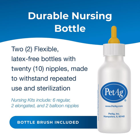 PetAg Nursing Kit Pack of 2, 2 oz, Promotes Natural Feeding of Liquids to Baby Animals, Includes Bottle and Nipples
