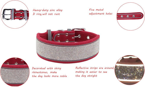 Bling Diamond Dog Collar for Girls, Soft Velvet Leather with Sparkly Crystal Rhinestones, Reflective Stripe, Medium