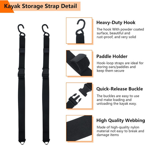 Kayak Storage Strap System with Adjustable Hanging Straps for 1 or 2 Kayaks, Paddle Board, Canoe