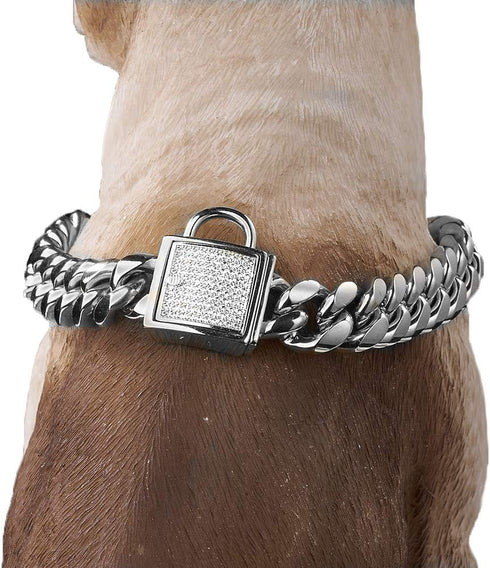 Pet Dog Collar, Top Stainless Steel Dog Chain Training Collar, 14mm Silver Tone Cuban Curb Chain with White Zirconia