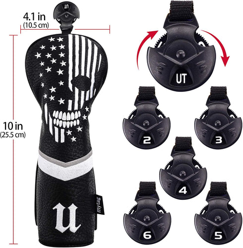 mytag Golf Skull Skeleton Head Cover, Black Leather Golf Club Headcovers Set for Driver, Fairway Wood