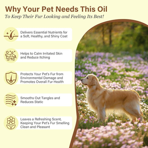 Pet Fur Care Oil - Tangle Remover for Shiny & Silky Coat, Soothing Skin Protection for Dogs and Cats - 1.01 fl. oz