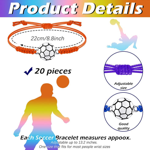 Jadive 20 Pieces Soccer Charm Bracelets, Bulk Gifts for Soccer Team Coaches, Adjustable Braided Rope Pendants