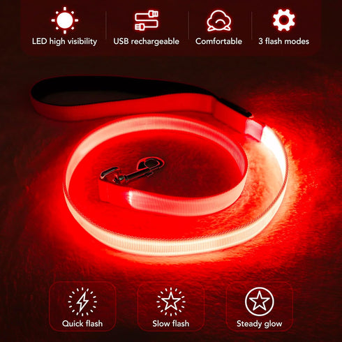 LED Dog Leash Light Up Dog Leash 4 Feet Micro USB Rechargeable Nylon Webbing Glow Safety Standard Dog Leash for Dogs by Bpawser (Red)