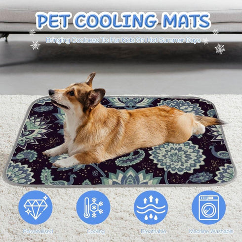 Generic 28" X22" Dog Cooling Mat Indoor Ice Silk Cooling Matts for Dogs Peacock Pattern Bed for Small Dogs Washable Pad