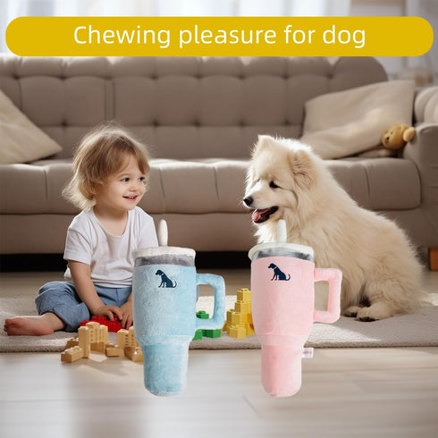 Funny Tumbler Handle Cup Dog Toys, Cute Squeaky Interactive Fluff and Tuff Toy Cup for Small/Medium/Large Dogs (BLUE)