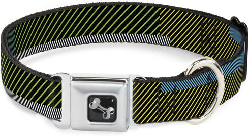 Dog Collar Seatbelt Buckle, Hash Mark Stripe Black Multi Color, 1.5 Inch Wide, 13 to 18 Inches
