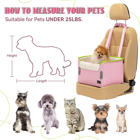 PETSFIT Small Dog Car Seat, Portable Booster Seat with Clip-On Leash, Adjustable Straps for Pets Up to 25lbs (Pink)