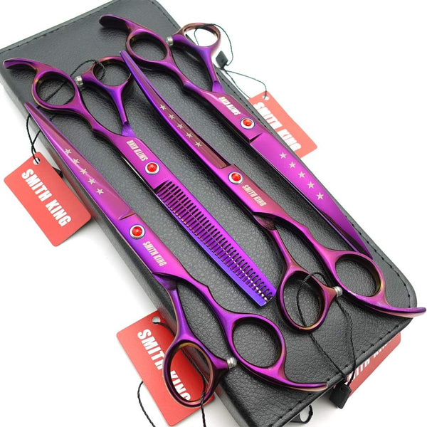 7.0in Professional Pet Grooming Scissors Set, 4pcs Straight & Thinning & Curved Scissors for Dog Grooming (Violet)