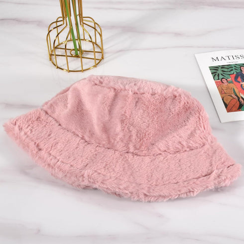 Winter Soft Faux Fur Plush Bucket Hat, Lovely Fisherman Cap for Women