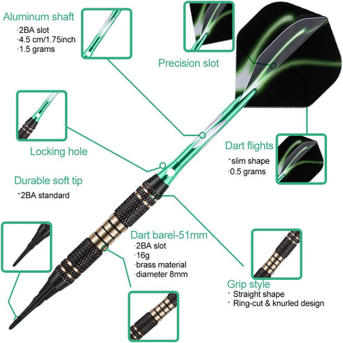 Soft Tip Darts Set 18/20 Grams, Professional Plastic Tip Darts with Brass Barrel, Aluminum Shafts, 50 Rubber O-Rings