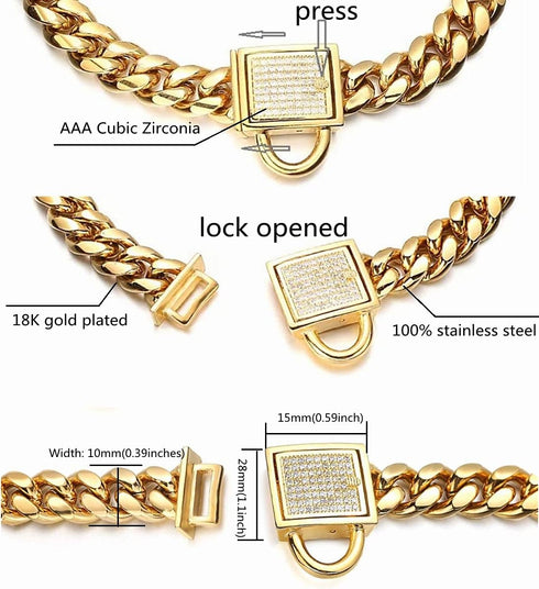Gold Dog Chain Collar, 10mm Wide Cuban Link Puppy Collar with CZ Diamond Lock for Medium Dogs (14inch)