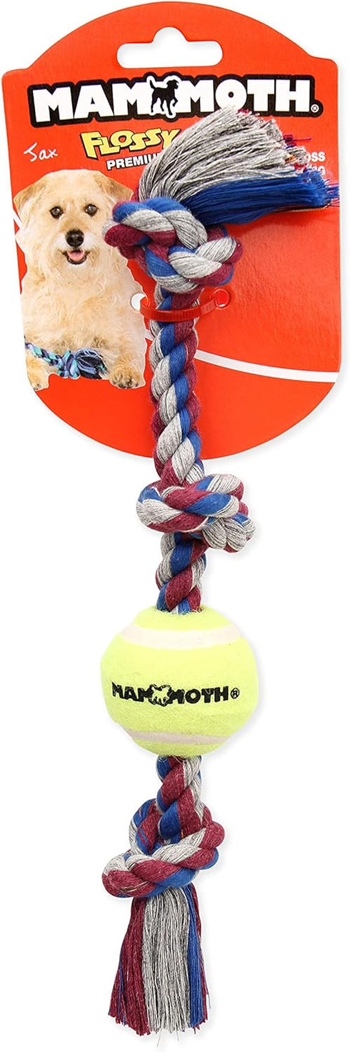 Mammoth Flossy Chews Color 3 Knot Tug with Mini Tennis Ball, Premium Cotton-Poly Dog Toy, Mini 11”