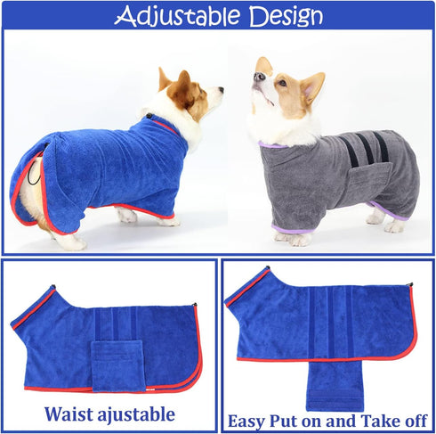 Dog Drying Coat - Fast Drying Dog Towel Robe - Microfiber Super Absorbent Pet Bathrobe, Adjustable Collar & Belly Strap