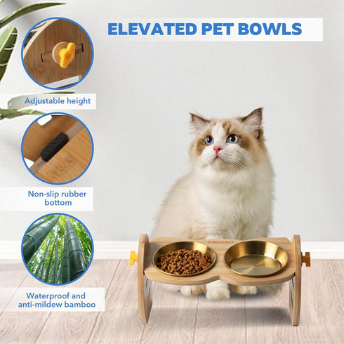 Elevated Cat Bowls, 15° Tilted Raised Bowl Stand with Two Stainless Steel Bowls, Water Feeder Set for Small Dogs