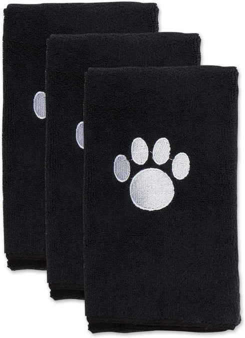 Bone Dry Pet Grooming Towel Collection, Embroidered Absorbent Microfiber Drying Set, 15x30, Black, 3 Count