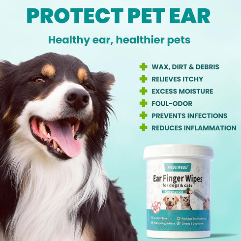 120 Counts, MEDUWEDU Ear Cleaner Finger Wipes Dog Ear Cleaner, Grooming Kit Care for Dogs and Cats, Soft & Easy Otic