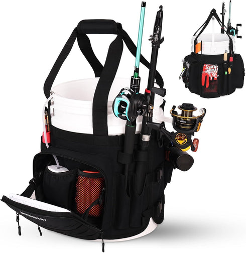 Fishing Bucket Organizer for 5 Gallon Bucket, Tackle Bag with Adjustable Buckle and 15 Multi-Pockets