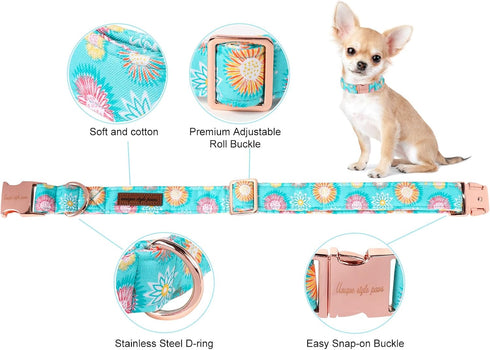 Sunflower Summer Dog Collar, Unique Style Paws Blue Adjustable Collar for Small Medium Large Dogs with Metal Buckle