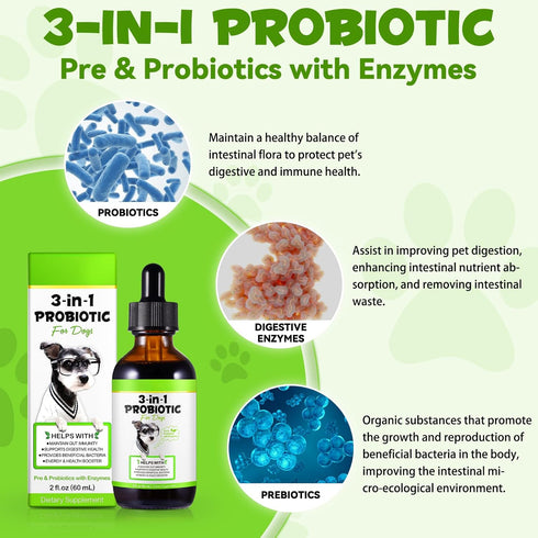 Probiotics for Dogs,3-in-1 Dog Probiotics,Dog Probiotics for Digestive Support, Dog Probiotic Supplements,Pet Probiotics for Dogs, Liquid Probiotics for Dogs | 2 Oz