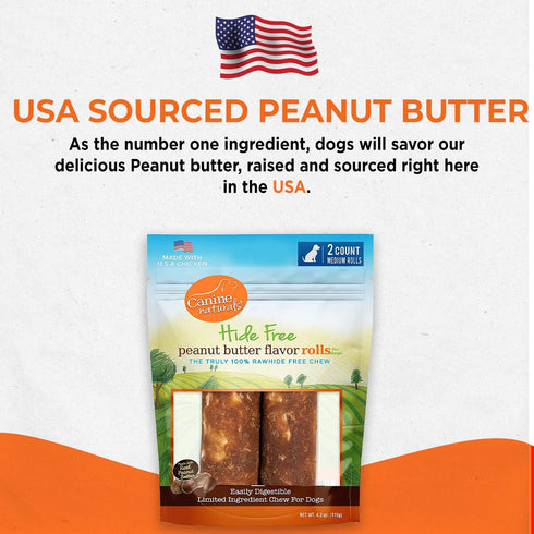 Canine Naturals Peanut Butter Chew Dog Treats - 100% Rawhide Free, All-Natural, 2 Pack of 4 Inch Rolls for Dogs 20-50lb