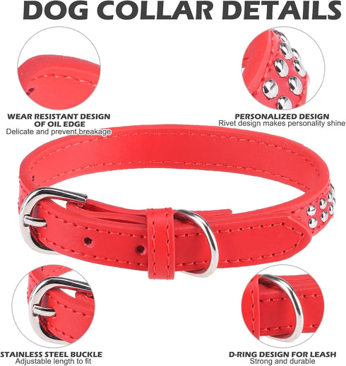 BINGPET Adjustable Leather Dog Collar, Real Split PU Leather Studded Pet Collar for Small Medium Large Dogs - RED L