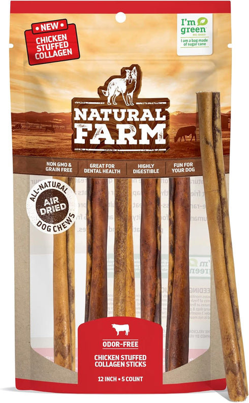Natural Farm Chicken Stuffed Collagen Sticks for Dogs, 12 Inch, 5-Pack, Rawhide-Free, Odor-Free Chews, Long Lasting