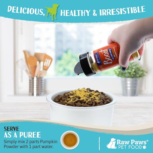 Raw Paws Organic Pumpkin Powder Pet Food Topper, 3-oz - Grain-Free Anti Scoot Dog Food Gravy Made in USA