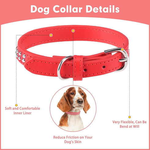 BINGPET Adjustable Leather Dog Collar, Real Split PU Leather Studded Pet Collar for Small Medium Large Dogs - RED L