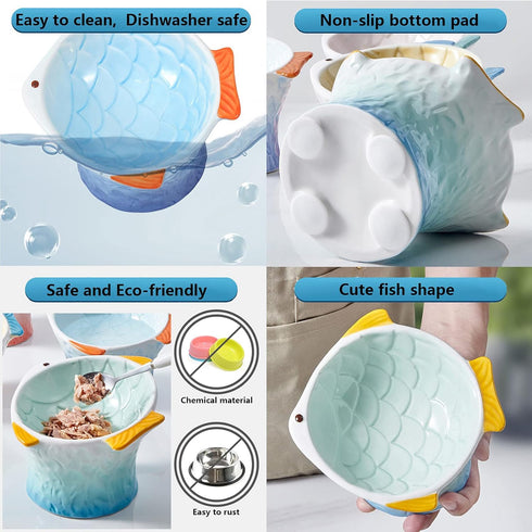 Raised Tilted Ceramic Cat Food Bowl - Cute Fish Shape Elevated Slanted Dish for Kitty Feeding, Ergonomic Anti Vomiting