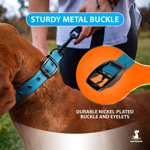 SparklyPets Heavy Duty Dog Collar with Handle for Medium and Large Dogs, Reflective Stitches, Soft Handle (Medium, Blue)