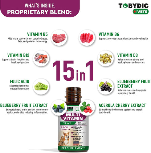 Cat & Dog Multivitamin - 15 in 1 Pet Supplements with Cranberry & Glucosamine, Natural UTI & Joint Support