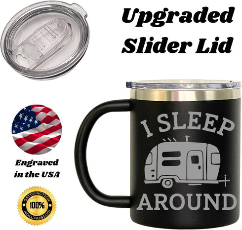 I Sleep Around Customized Insulated Stainless Steel Coffee Mugs, Personalized Camper Tumbler (12oz, Black)