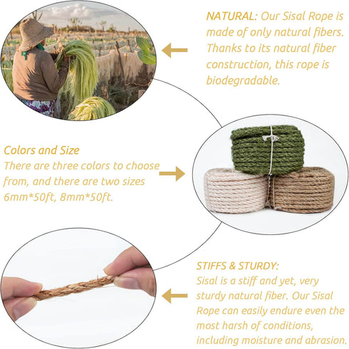 Sisal Rope for Cat Scratcher, 3/10 Inch 50 Feet Natural Hemp Rope, Thick Replacement for Indoor/Outdoor Scratching