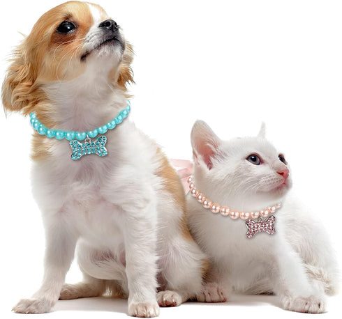 Frienda 5 Pcs Pet Pearl Necklace Diamond Crystal Dog Collars with Bling Rhinestones, Wedding Collar for Puppy Pets (S)