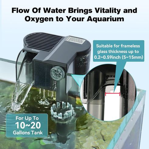 Skimmer, 10~20 hygger Hang On Back Aquarium Filter, Small Fish Tank Filter Waterfall Filtration System, Adjustable