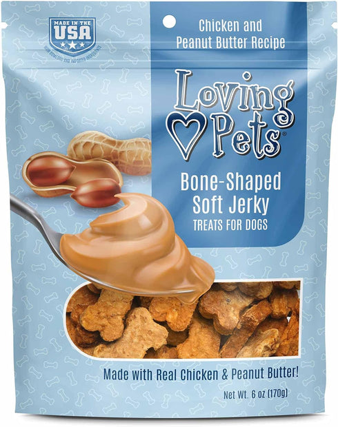 Loving Pets Soft Chew Jerky (Bone-Shaped, Chicken & Peanut Butter Recipe) USA Made Dog Treats