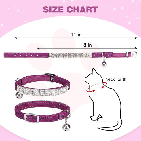 BINGPET Adjustable Diamond Cat Collar, Soft Velvet Leather Kitten Collar with Shiny Rhinestones and Bells, Purple
