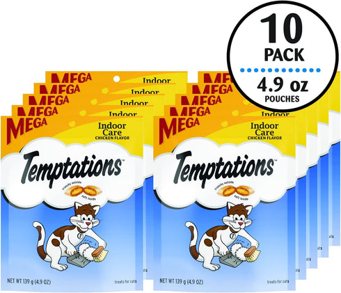 4.9 oz. (Pack 10) Temptations Cat Treats Indoor Care, Classic Crunchy and Soft Cat Treats, Tasty Chicken Flavor, Pouch