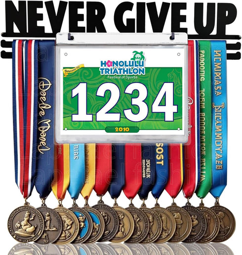 Never GIVE UP Race Bib Medal Hanger Holder Display Wall Rack in