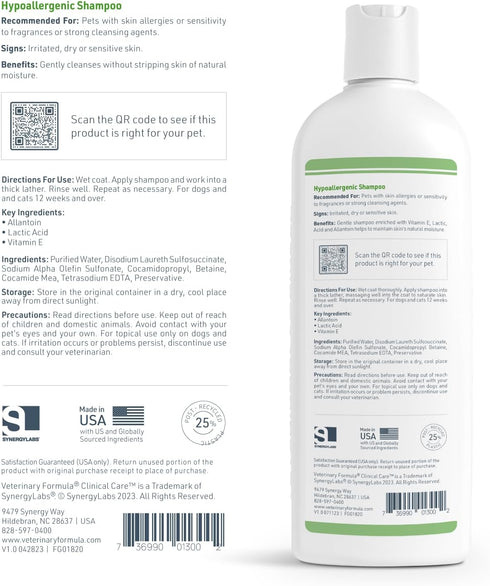 16 oz Veterinary Formula Clinical Care Hypoallergenic Shampoo for Dogs and Cats, No Harsh Ingredients Fragrance-Free