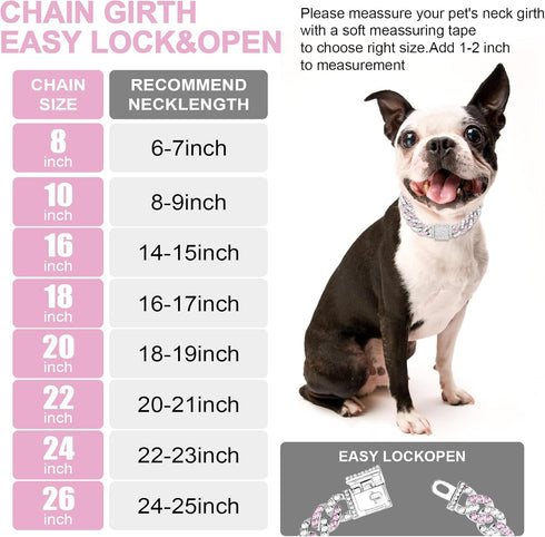 Silver Cuban Dog Chain Collars, Metal Choke Collar with Secure Buckle, Pet Crystal Necklace for Small Medium Large Dogs
