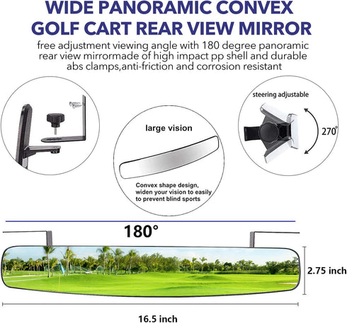 Newest Golf Cart Mirrors, 16.5" Panoramic Rear View and Folding Side Mirrors for Club Car