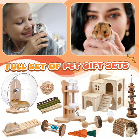 Sonwyoung 18 15 Set, Set Pcs Hamster Cage Accessories, Silent Hamster Wheel, Chew Toys Maze Wood House and Water Bottle