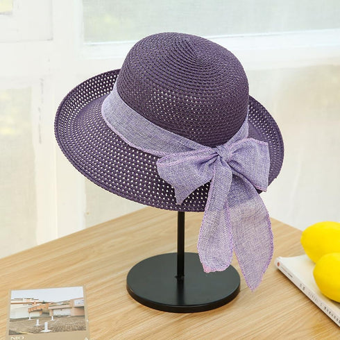 Women Straw Sun Hats, Wide Brim Ribbons, Roll Up Bucket UPF 50+ Foldable Floppy Sun Hat with Strap for UV Protection