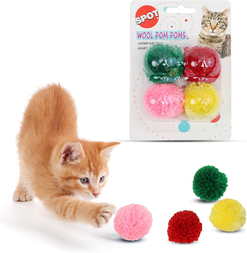 SPOT Wool Pom Poms Cat Toy - Interactive Catnip Wool Balls for Cats and Kittens to Bite, Swat and Chase, 4 pcs, 1.5 inch