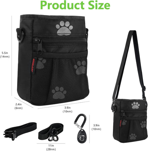 Dog Treat Pouches for Training, Large Pouch with Built-in Poop Bag Dispenser and Dog Clicker - Black Pattern