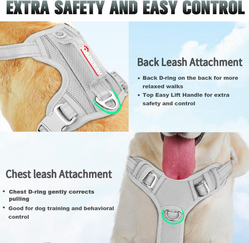 BARKBAY No Pull Dog Harness Large, Reflective Harness with Front Clip and Easy Control Handle, Grey